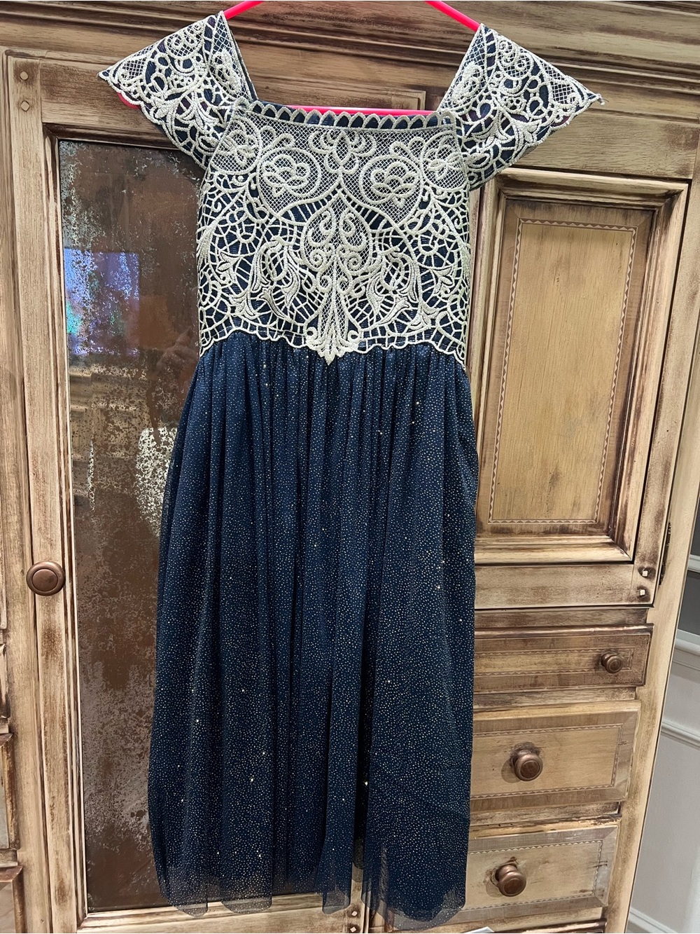 Girls Navy & Ivory Lace Tulle Party Dress